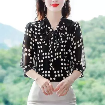 Блузка с рукавом 3/4 с цветочным принтом, шифоновая рубашка для женщин, новая мода, уменьшающий возраст, свободный универсальный низ, топ M-5XL XL абрикосовый