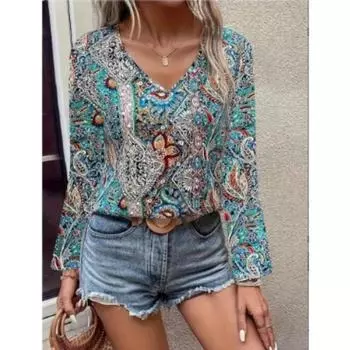 Блузка с V-образным вырезом и принтом пейсли, повседневная блузка с длинным рукавом для весны и осени, женская одежда S