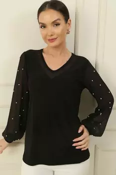 Блузка с V-образным вырезом и рукавами, украшенными жемчугом