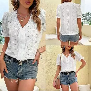 Блузка с v-образным вырезом, женская блузка с короткими пышными рукавами MiuKoMiYa, тонкий ажурный топ, женские блузки, офисные рубашки с рукавами, летняя принцесса S белый