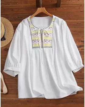 Блузка с вышивкой больших размеров, элегантный топ с завязками спереди на весну, женская одежда больших размеров 1XL белый