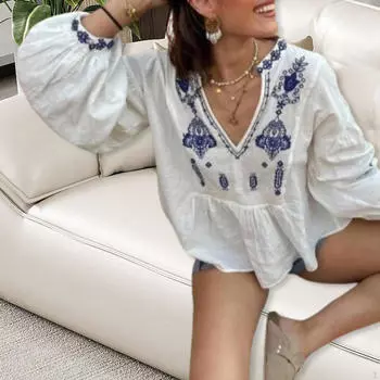 Блузка с вышивкой для женщин, цветочная вышивка, элегантный полиэстер, мягкий, в стиле бохо L
