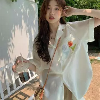 Блузка с вышивкой тюльпанов, женская летняя шифоновая рубашка с лацканами 2023, женские нишевые офисные женские однотонные женские топы с короткими рукавами M бежевый