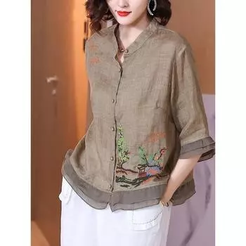 Блузка с вышивкой в виде дерева, рубашка с воротником-стойкой, вышитая рубашка, летняя весна, женская рубашка с рюшами и рукавами на пуговицах XXXXL коричневый