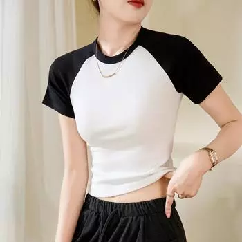 Блузка с высокой талией, футболка, летняя новая строчка, рубашка из хлопковой основы с короткими рукавами S