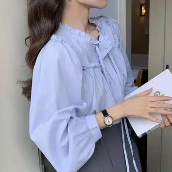 Блузка со шнуровкой и бантом Темперамент весна-осень новая длинная однотонная плиссированная рубашка топы элегантная женская одежда Темперамент S синий