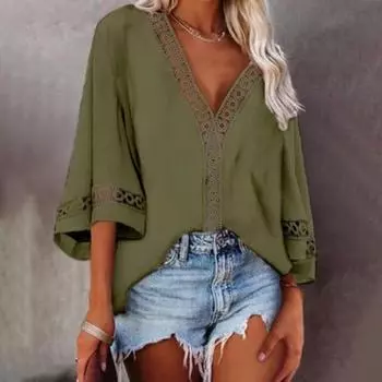 Блузка сплошного цвета, свободные 4 цвета, женские кружевные топы с вырезами 2XL темно-зеленого
