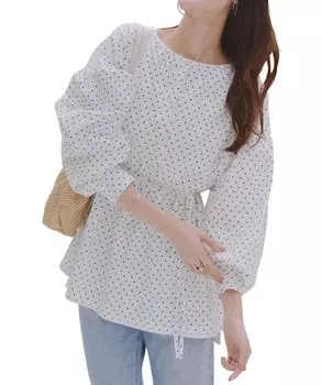 Блузка Топ Туника Защита от УФ-лучей UV Cut Слоистый Бассейн Море Свободный размер Горошек Экрю [Kobe Lettuce][Рашгард] [S193]