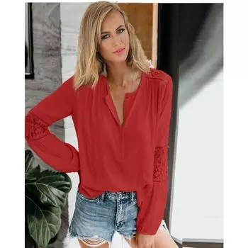 Блузка Топ Весенняя кружевная сращивающаяся ажурная свободная рубашка с длинным рукавом S красный