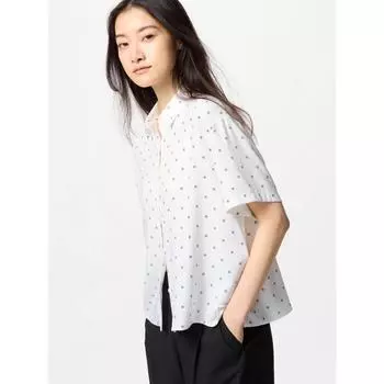 Блузка Uniqlo из искусственного шелка с коротким рукавом и принтом 01 OFF WHITE/WOMEN XS