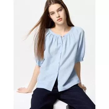 Блузка Uniqlo из льняной смеси с объемными рукавами и короткими рукавами 01 OFF WHITE/WOMEN XS