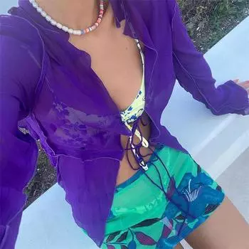 Блузка в пляжном стиле, женская сетчатая прозрачная солнцезащитная рубашка, кардиган с длинными рукавами, однотонная рубашка с принтом тай-дай и рюшами на завязках S оранжевый