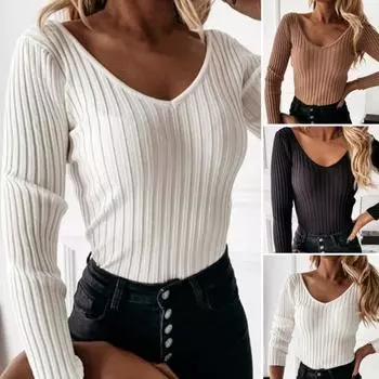 Блузка в рубчик с V-образным вырезом и длинными рукавами, однотонная облегающая осень-зима 3XL белый