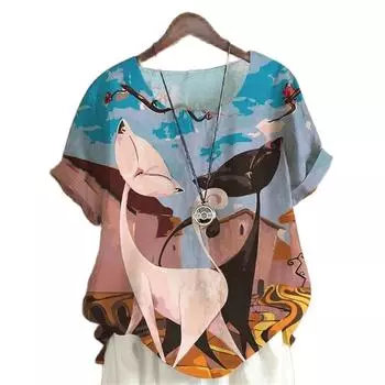 Блузка в стиле Харадзюку с рисунком кота, Повседневная женская футболка с 3D красками и забавным узором, летняя модная свободная женская футболка с короткими рукавами, топ 6XL