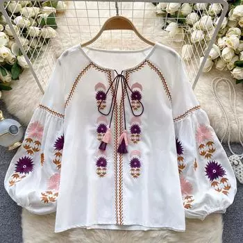 Блузка в винтажном этническом стиле с длинным рукавом, женская рубашка с вышивкой, свободный элегантный тонкий топ для вечеринок, женский эстетический модный дизайн, пуловер, уличная одежда One Size кофейный