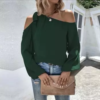 Блузка весна-лето шифон с открытыми плечами на шнуровке свободный темпераментный женский топ S зелёный