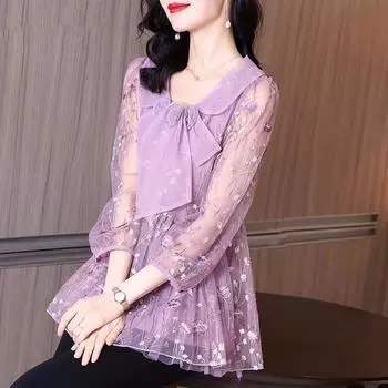 Блузка женская 2022 весенний стиль нежный носит повседневные сплошные банты вышитая блузка женщина одежда топ