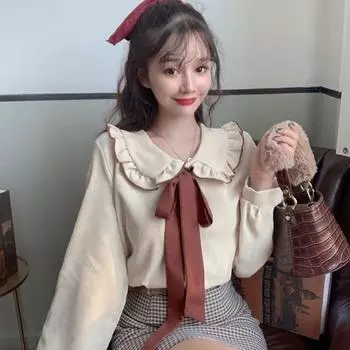 Блузка женская элегантная рубашка Kawaii Питер Пэн воротник с бантом дизайн новая мода универсальная женская вельветовая одежда милые милые топы XXXL абрикосовый