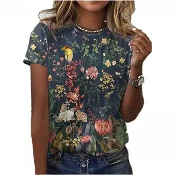 Блузка женская летняя модная популярная женская круглая горловина корейская одежда повседневная свободная цветочная 3D принтованная цветочная футболка S темно-синий