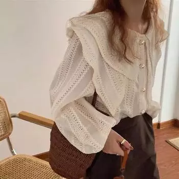 Блузка женская осенняя нежная свободная рубашка с рукавами-фонариками белый топ на пуговицах женский S белый