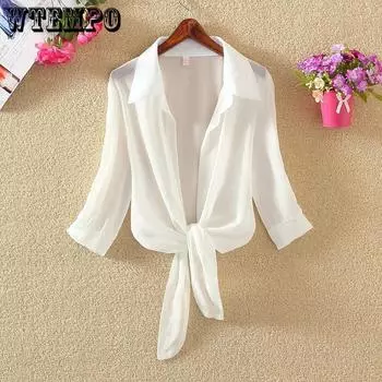 Блузка женская пляжная стиль сексуальное пальто с короткими рукавами шифоновый топ шаль солнцезащитная одежда кондиционер кардиган S белый