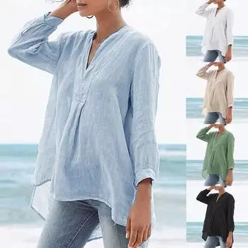 Блузка женская повседневная свободная с длинным рукавом V-образный вырез однотонная рубашка туника топы блузки больших размеров S чёрный