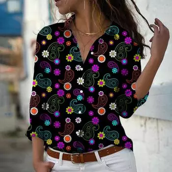 Блузка женская с принтом кешью, весна-осень, женская, офисная, на пуговицах, с отложным воротником, рубашки XS темно-синий