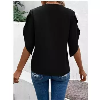 Блузка, женский пуловер, топы, повседневная свободная уличная одежда, элегантная цветная кружевная рубашка с коротким рукавом, женская однотонная летняя расклешенная рубашка с v-образным вырезом S хаки