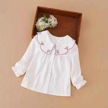 Блузки для девочек, рубашки, весна-осень 2024, детская одежда из 100% хлопка с длинными рукавами, милые вышитые кролики, топы для детей от 2 до 6 лет 90 белый