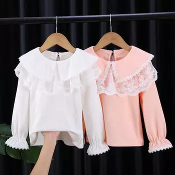 Блузки для девочек, весенние топы для маленьких девочек, детская одежда, школьная блузка, розовая хлопковая кружевная футболка, блузка, детская одежда 130