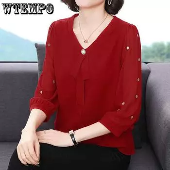 Блузки для мам, однотонная шифоновая блузка, повседневная тонкая и красивая женская рубашка с длинным рукавом, одежда M чёрный