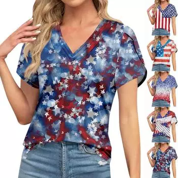 Блузки для женщин. Нарядные повседневные футболки с короткими рукавами и принтом ко Дню независимости. Уникальный дизайн. Большие футболки с v-образным вырезом. L синий