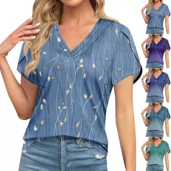 Блузки для женщин, нарядные повседневные, модные футболки с короткими рукавами и ретро-принтом, уникальный дизайн, большие футболки с v-образным вырезом L