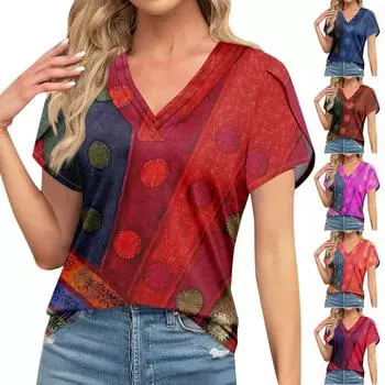 Блузки для женщин, нарядные повседневные, модные футболки с короткими рукавами и ретро-принтом, уникальный дизайн, большие футболки с v-образным вырезом L темно-синий