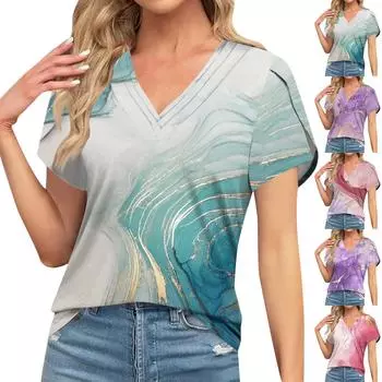 Блузки для женщин, нарядные повседневные, модные футболки с короткими рукавами и ретро-принтом, уникальный дизайн, большие футболки с v-образным вырезом L светло-фиолетовый