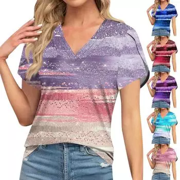 Блузки для женщин, нарядные повседневные, модные футболки с короткими рукавами и ретро-принтом, уникальный дизайн, большие футболки с v-образным вырезом L темно-синий