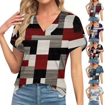 Блузки для женщин, нарядные повседневные, модные футболки с короткими рукавами и ретро-принтом, уникальный дизайн, большие футболки с v-образным вырезом L синий