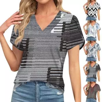 Блузки для женщин, нарядные повседневные, модные футболки с короткими рукавами и ретро-принтом, уникальный дизайн, большие футболки с v-образным вырезом L синий