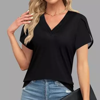 Блузки для женщин. Нарядные повседневные модные однотонные футболки в стиле ретро. Уникальный дизайн. Большие футболки с v-образным вырезом. L чёрный
