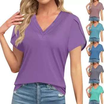 Блузки для женщин. Нарядные повседневные модные однотонные футболки в стиле ретро. Уникальный дизайн. Большие футболки с v-образным вырезом. L синий