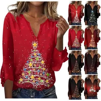Блузки для женщин, нарядные повседневные рубашки с расклешенными рукавами и рукавами 3/4, топы с рождественским принтом, винтажные футболки, туники, осенняя одежда L чёрный