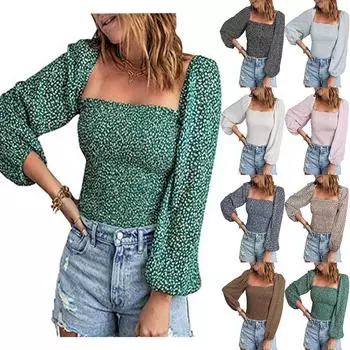 Блузки для женщин. Пышные топы с квадратным вырезом и длинными рукавами. Женские топы и блузки с открытыми плечами и цветочным принтом. M