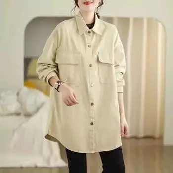 Блузки и рубашки больших размеров, однотонные, осенние, большого размера, с длинным рукавом, модные, с асимметричным подолом One Size