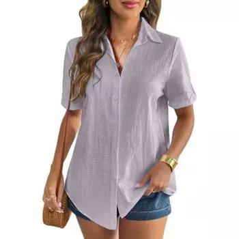 Блузки и рубашки из хлопка и льна Женская рубашка с коротким рукавом и лацканами S белый