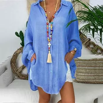 Блузки Рубашки Длинные рукава Женские Топы На Пуговицах Свободные Повседневные Хлопок Большие Размеры Женщины Белый S фиолетовый