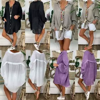 Блузки Рубашки Женские топы с длинным рукавом на пуговицах Свободная повседневная хлопковая блузка Рубашка Blusas Рубашка больших размеров Женская белая L синий