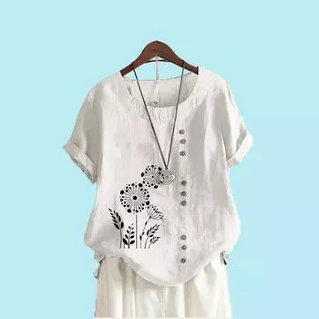 Блузки с цветочным принтом для женщин, летняя модная футболка с коротким рукавом, женская повседневная свободная рубашка с круглым воротником, большие размеры S коричневый