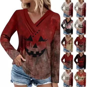 Блузки с длинным рукавом для женщин, повседневная рубашка на пуговицах с v-образным вырезом, блузка с принтом на Хэллоуин, топы, свободная осенняя рубашка, топ XL чёрный