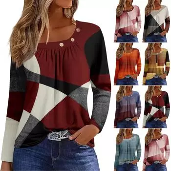 Блузки с длинным рукавом для женщин, повседневная рубашка на пуговицах с круглым вырезом, однотонная блузка, топы, свободная посадка, осенняя рубашка, топ M фиолетовый