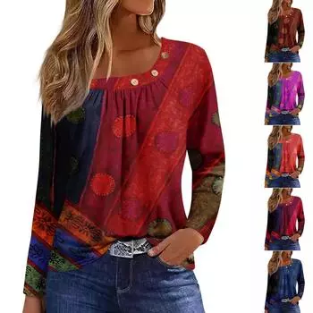 Блузки с длинным рукавом для женщин, повседневная рубашка на пуговицах с круглым вырезом, однотонная блузка, топы, свободная посадка, осенняя рубашка, топ M